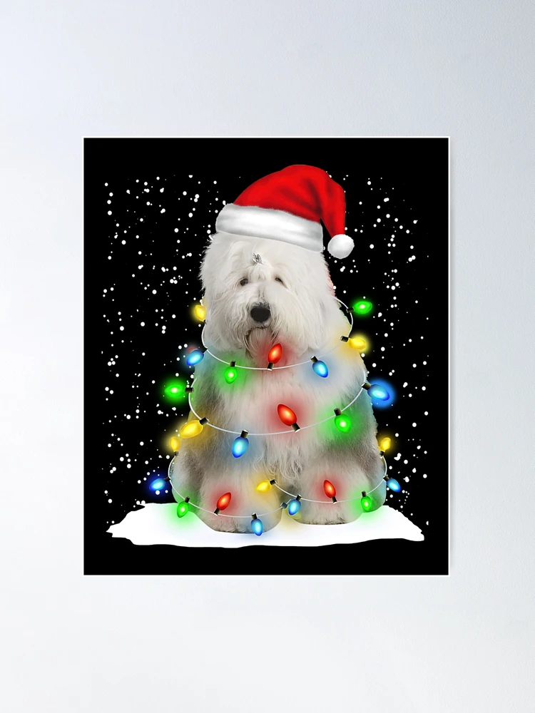 Old English Sheepdog Christmas Santa Hat Xmas Color Lights Poster
