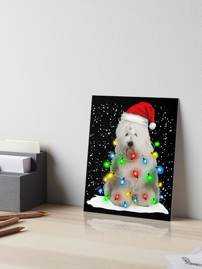 Old English Sheepdog Christmas Santa Hat Xmas Color Lights Poster