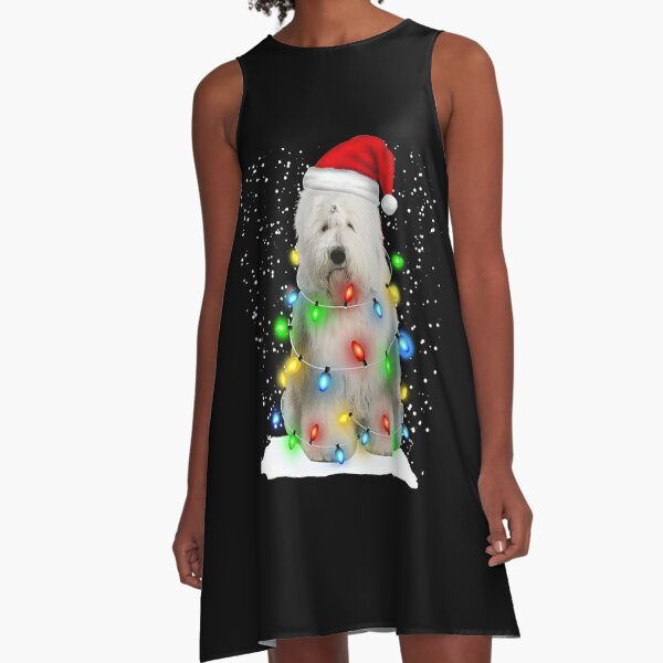 Old English Sheepdog Christmas Santa Hat Xmas Color Lights Poster