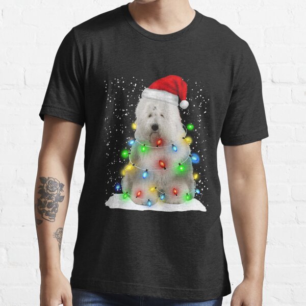 Old English Sheepdog Christmas Santa Hat Xmas Color Lights Poster