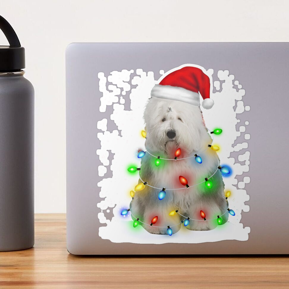 Old English Sheepdog Christmas Santa Hat Xmas Color Lights Poster