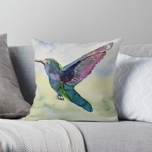 A Sapphire Heart - Watercolor Hummingbird Throw Pillow