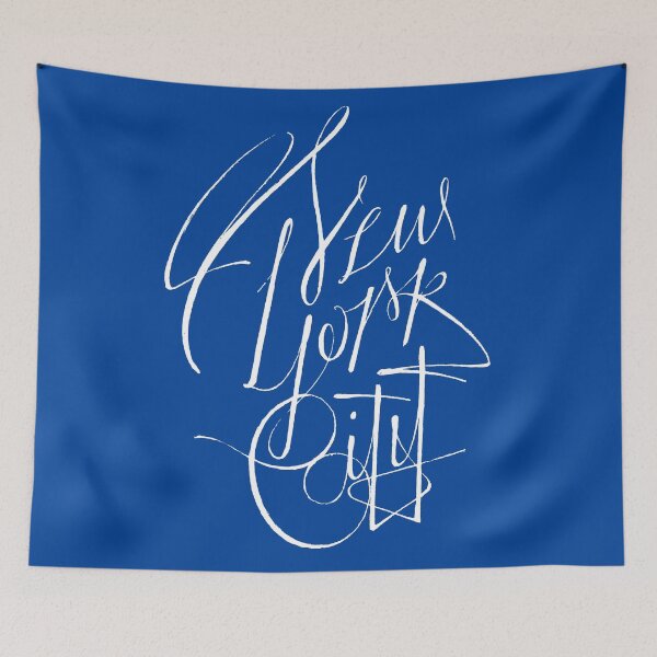 Item preview, New York City, NY - NYC White on blue hand script writing design designed and sold by CartoCreative.