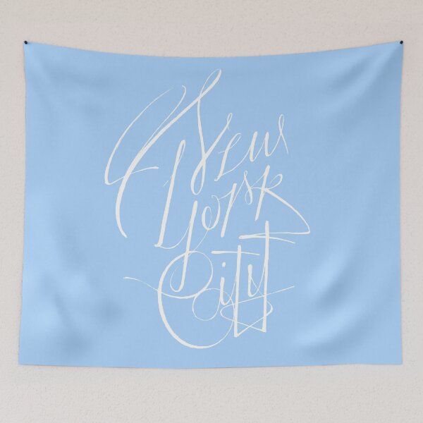 Item preview, New York City, NY - NYC White on light blue hand script writing design designed and sold by CartoCreative.