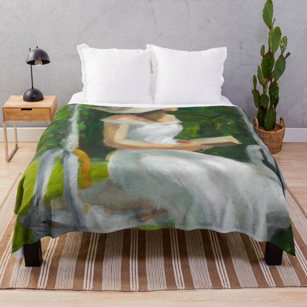 Girl Reading on Garden Swing Throw Blanket