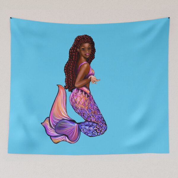 Item preview, mermaid with flowing red locs,   Afro hair and caramel brown skin. Black mermaid designed and sold by Artonmytee.