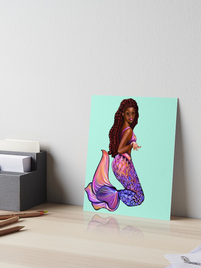 mermaid with flowing red locs, Afro hair and caramel brown skin