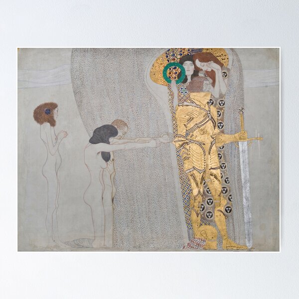 Aperçu de l'œuvre Gustav Klimt, peintre autrichien Beethovenfries ; « Die Leiden der schwachen Menschheit » et « Der wohlgerüstete Starke » (Tafel 3, linke Langwand) (1901) créée et vendue par TeeARTHY.