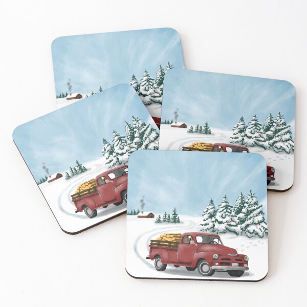 Artikelvorschau, Kleiner roter LKW, der im Winter Holz sammelt entworfen und verkauft von CarynsCreations.