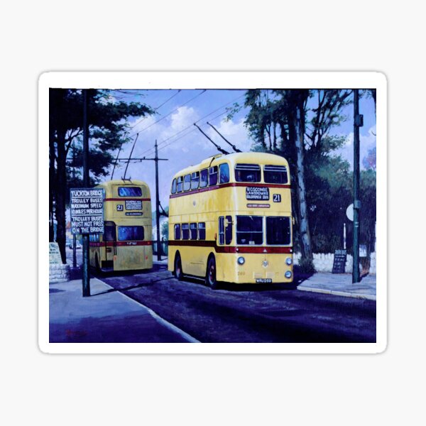Aperçu de l'œuvre Trolleybus de Bournemouth sur le pont de Tuckton. créée et vendue par Mike Jeffries Transport Artist.