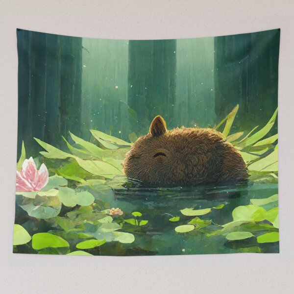 Aperçu de l'œuvre Capybara dans le lac Lotus, Art mignon de Capybara créée et vendue par Pet Shelter.