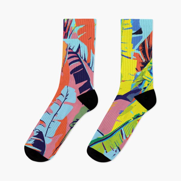 Item preview, Colorful tropical banana palm tree leaves retro screen print designed and sold by ParrotPartyArt.