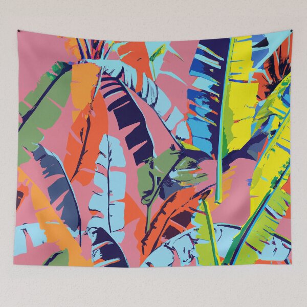 Item preview, Colorful tropical banana palm tree leaves retro screen print designed and sold by ParrotPartyArt.