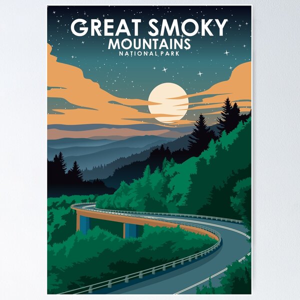 Item preview, Affiche de voyage minimale vintage du parc national des Great Smoky Mountains la nuit designed and sold by Stadify.