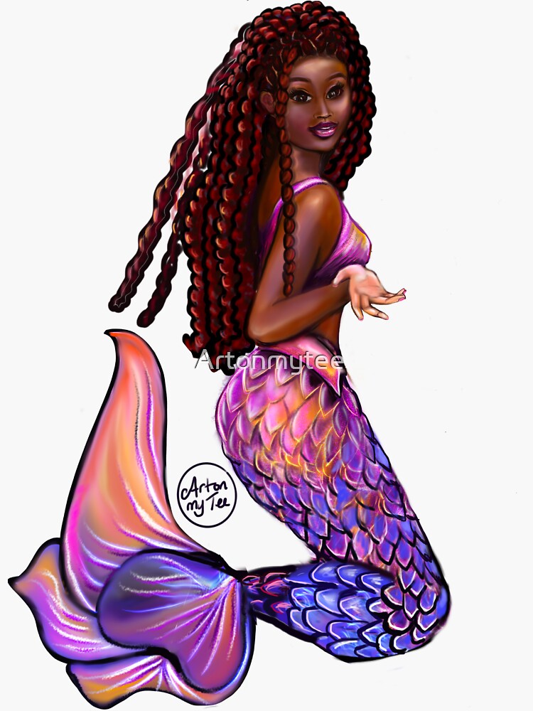 "mermaid with flowing red locs 2, Afro hair and caramel brown skin