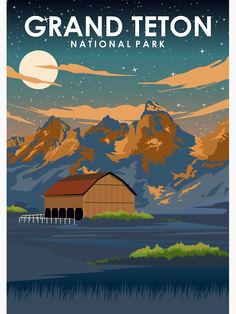 Grand Teton National Park At Night Vintage Minimal Retro Travel Poster Sticker For Sale By 4301