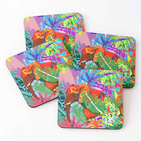 Item preview, colorful tropical jungle elephant retro modern screen print designed and sold by ParrotPartyArt.