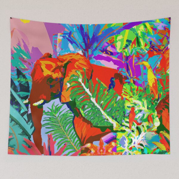 Item preview, colorful tropical jungle elephant retro modern screen print designed and sold by ParrotPartyArt.