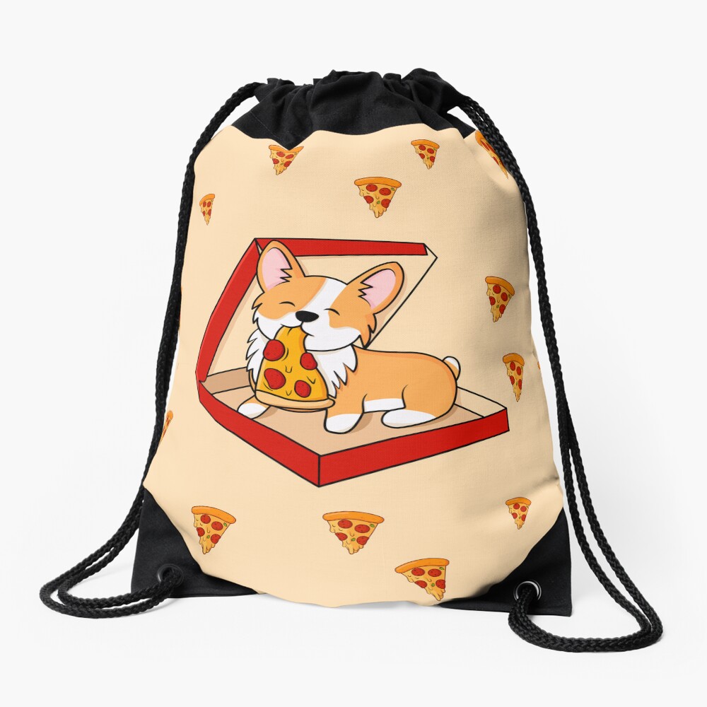 Corgi eats pizza Drawstring Bag