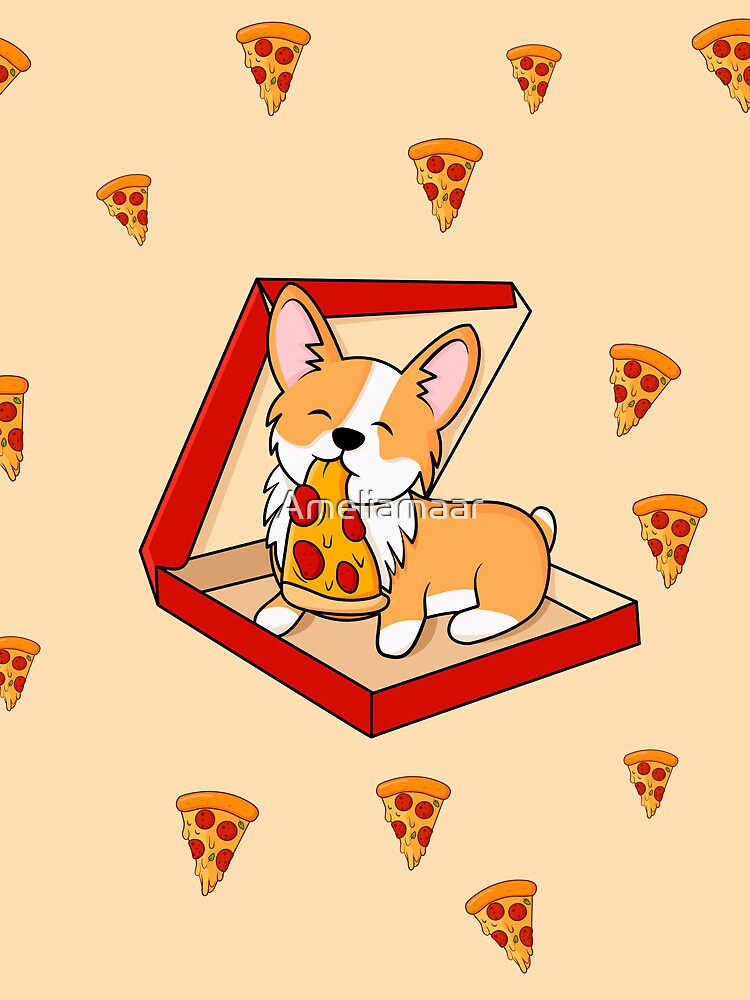 Corgi eats pizza by Ameliamaar