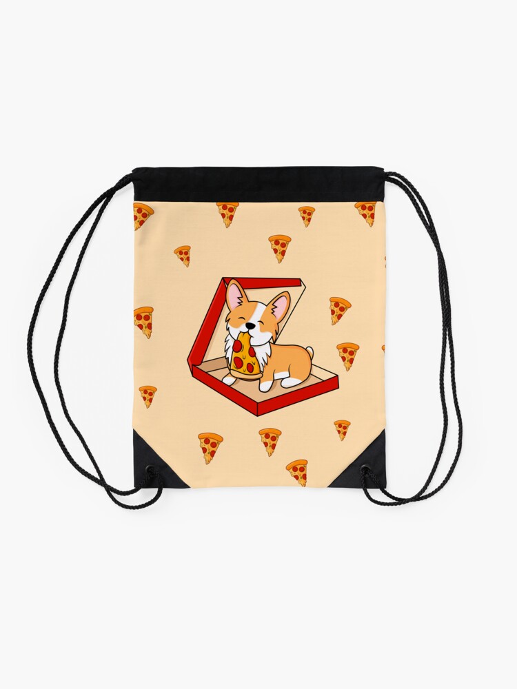 Alternate view of Corgi eats pizza Drawstring Bag