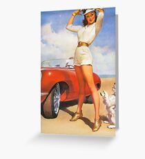 Pin up girl with sport car and her dog, vintage poster Greeting Card