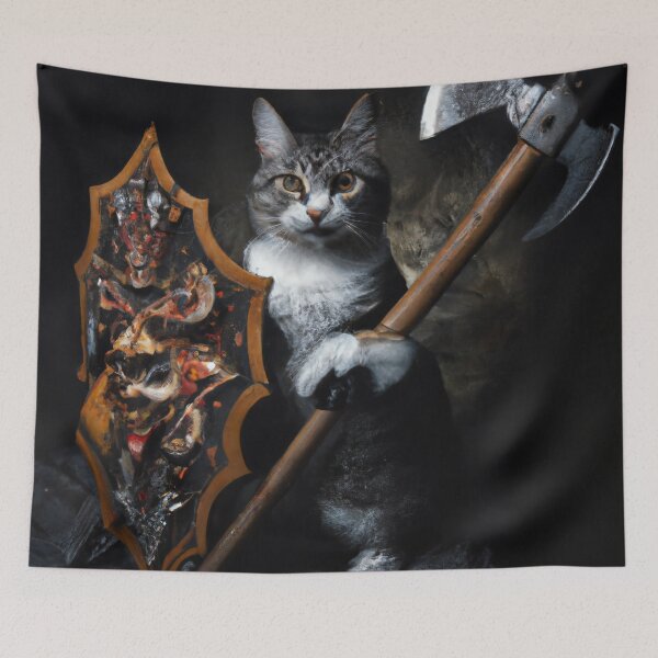 Item preview, Warren the Cat, with shield and battleaxe (Baroque) designed and sold by thecatandkettle.