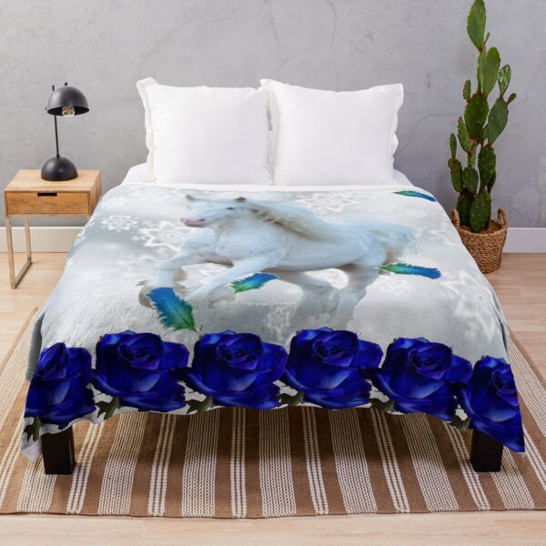 Item preview, White horse with feathers and blue roses designed and sold by zedvonzee.