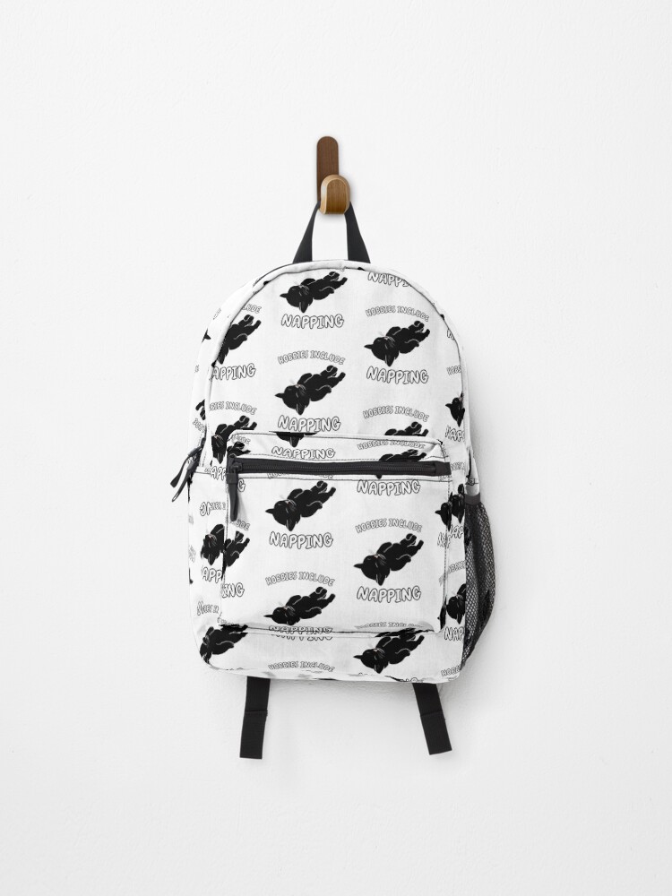 Thumbnail 1 of 3, Backpack, Hobbies Include Napping | Sleeping Black Cat designed and sold by RuggedRoo.