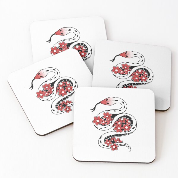 Item preview, Snake tattoo design with flowers, black and red illustration designed and sold by CrunchyCableStudio.
