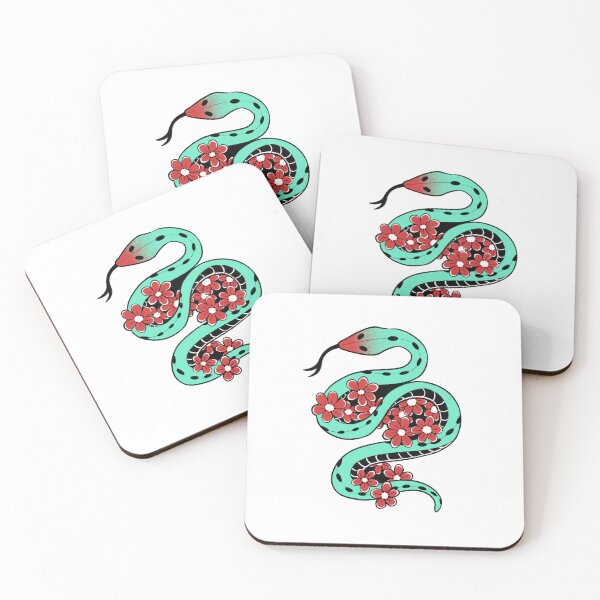 Item preview, Copy of Snake tattoo design with flowers, green and red illustration designed and sold by CrunchyCableStudio.