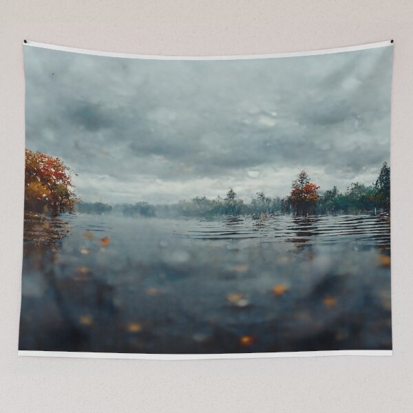 Artikelvorschau, Foggy Lake Fallende Regentropfen an einem regnerischen Herbsttag entworfen und verkauft von Unwind-Art-Work.