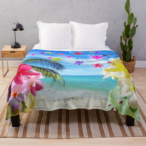 Tropical Beach and Exotic Plumeria Flowers Throw Blanket