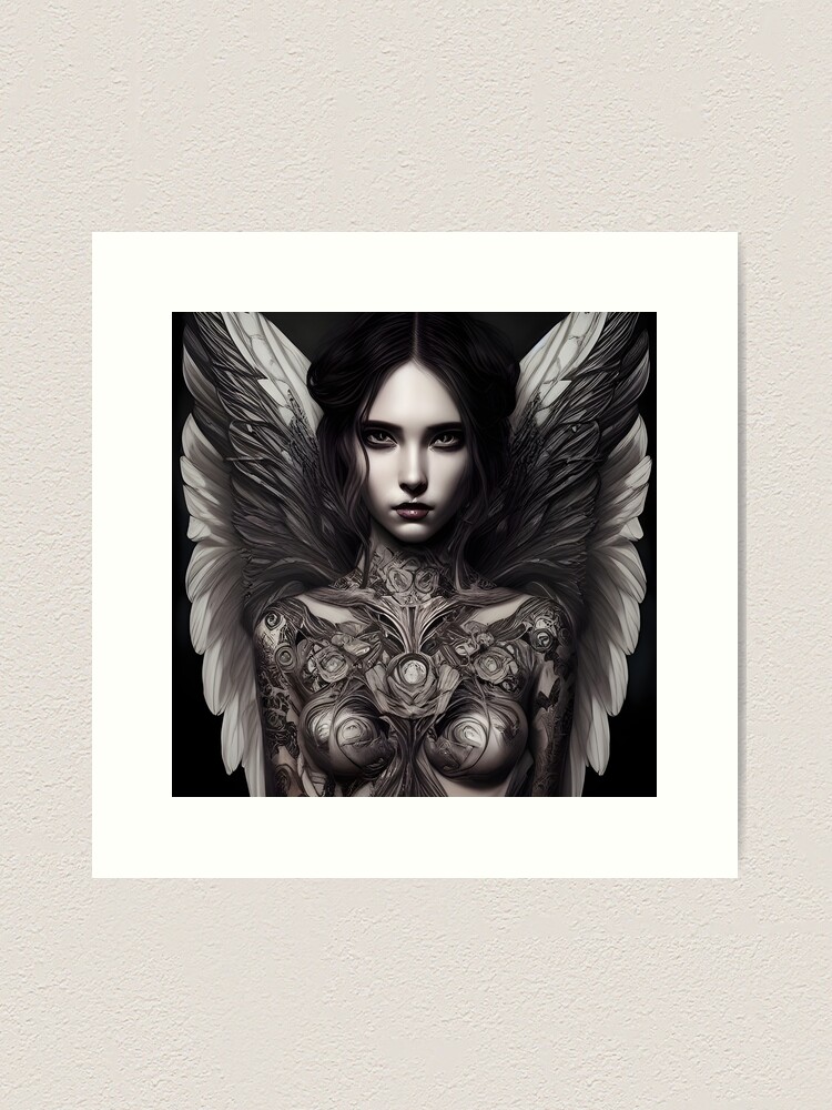 Angel woman with big wings full body flying on the sky tattoo idea |  TattoosAI