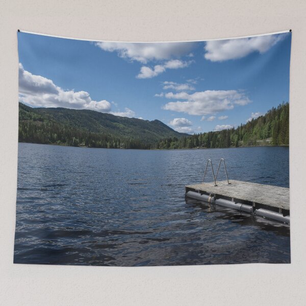 Item preview, Pad on a wooden floating platform. Metal ladder to get out of the water of a beautiful fjord in Norway. Rippled sea. Sunny spring day. No people designed and sold by Maurizio Fabbroni.