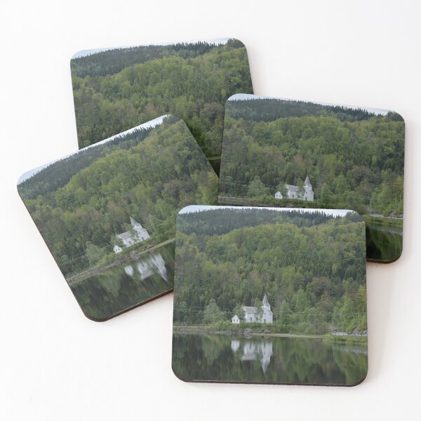 Item preview, Wonderful landscapes in Norway. Vest-Agder. Beautiful scenery of whtite Gyland church reflecting in the lake. Mountains, road and trees in the background designed and sold by Maurizio Fabbroni.