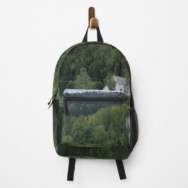 Item preview, Wonderful landscapes in Norway. Vest-Agder. Beautiful scenery of whtite Gyland church reflecting in the lake. Mountains, road and trees in the background designed and sold by Maurizio Fabbroni.
