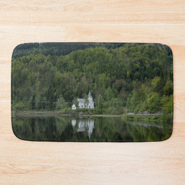 Item preview, Wonderful landscapes in Norway. Vest-Agder. Beautiful scenery of whtite Gyland church reflecting in the lake. Mountains, road and trees in the background designed and sold by Maurizio Fabbroni.