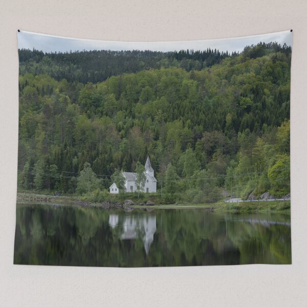 Item preview, Wonderful landscapes in Norway. Vest-Agder. Beautiful scenery of whtite Gyland church reflecting in the lake. Mountains, road and trees in the background designed and sold by Maurizio Fabbroni.
