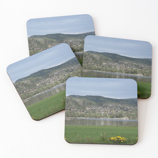 Item preview, Wonderful landscapes in Norway. Vestland. Beautiful scenery of wooden cabins with grass on the roof, reflecting in the lake in a sunny summer day. Yellow flowers in foreground designed and sold by Maurizio Fabbroni.
