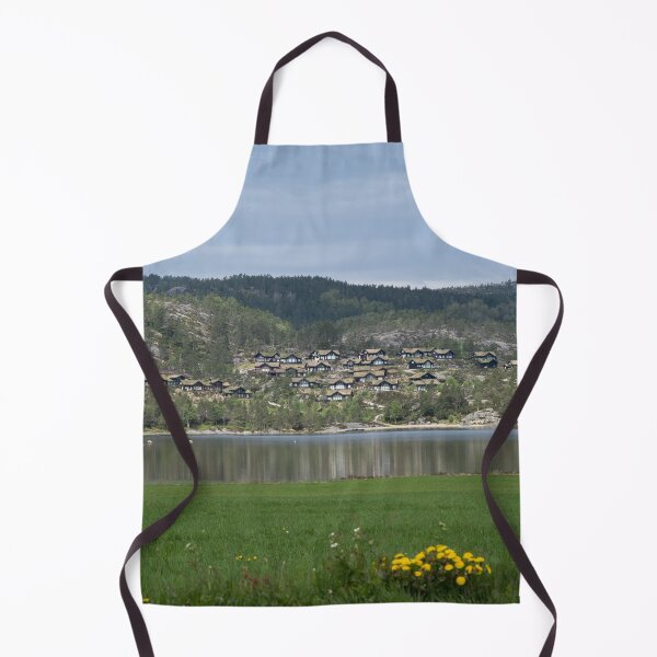 Item preview, Wonderful landscapes in Norway. Vestland. Beautiful scenery of wooden cabins with grass on the roof, reflecting in the lake in a sunny summer day. Yellow flowers in foreground designed and sold by Maurizio Fabbroni.