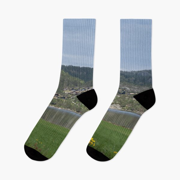 Item preview, Wonderful landscapes in Norway. Vestland. Beautiful scenery of wooden cabins with grass on the roof, reflecting in the lake in a sunny summer day. Yellow flowers in foreground designed and sold by Maurizio Fabbroni.