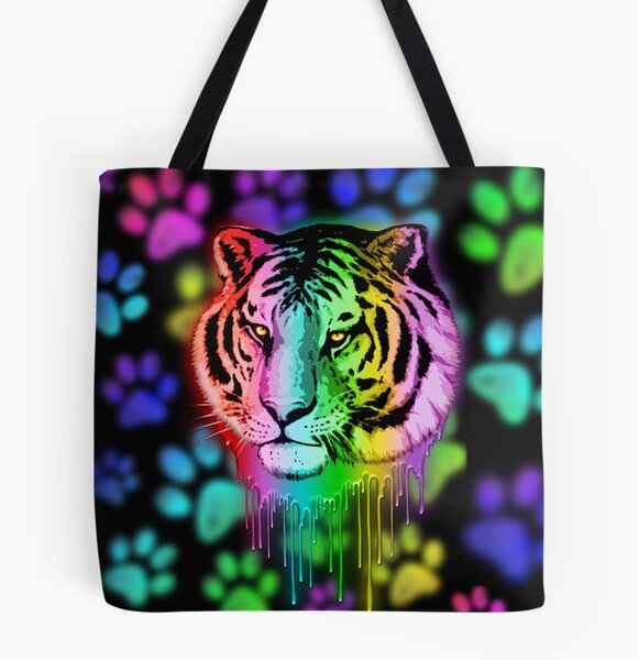 Colorful Multicolor Rainbow Tiger Roaring Green Eyes Tote Bag