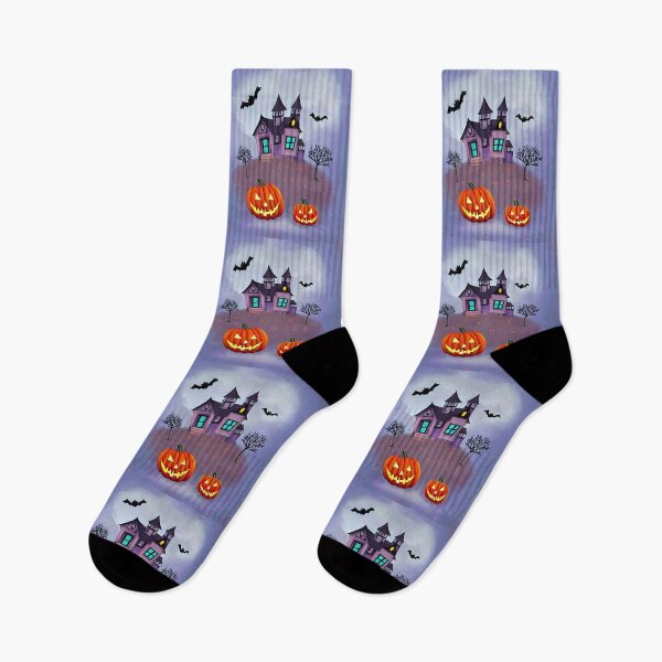 Item preview, Spooky Purple Haunted House With Three Horned Bats and Pumpkins digital painting designed and sold by SubtleSplit.
