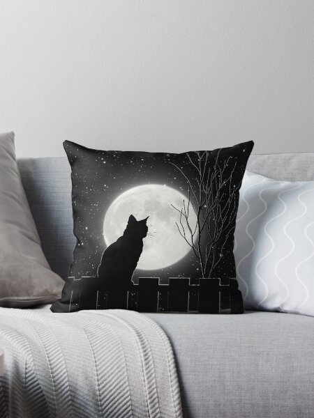 Silent night Cat looking at the full moon Throw Pillow