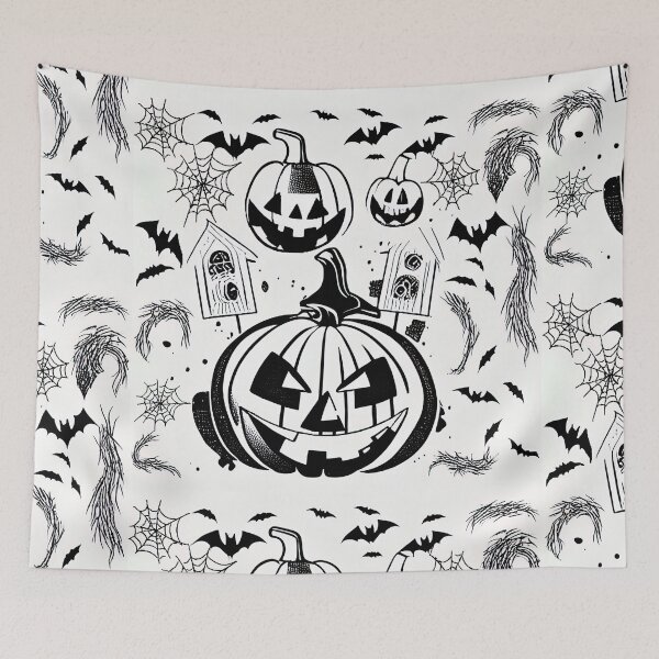 Item preview, Halloween Scary Evil Pumpkin Funny Pumpkin Head Bats Cobwebs Graphic Halloween Pattern designed and sold by SubtleSplit.