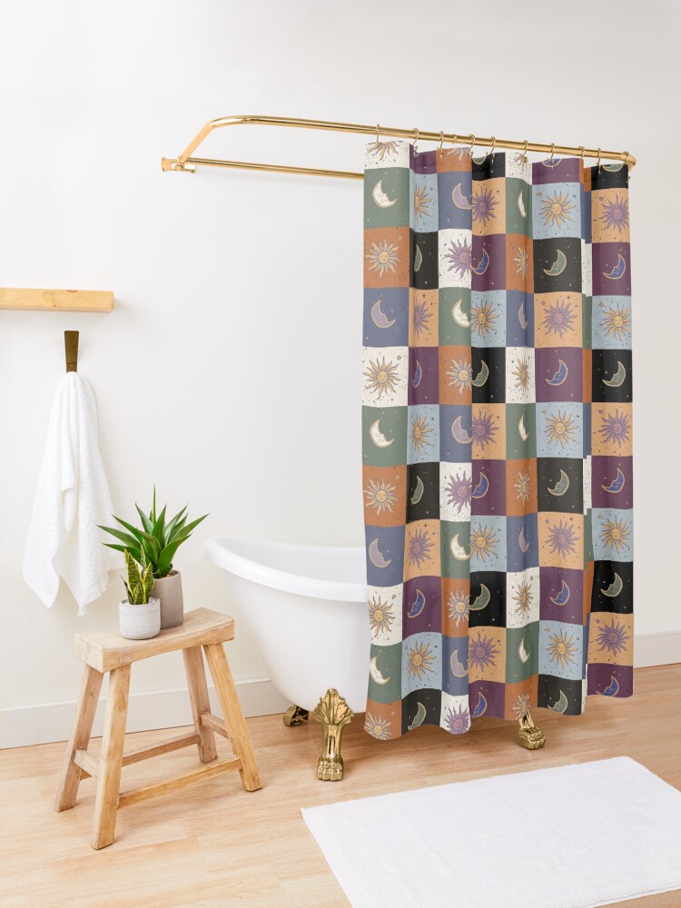 Mystical Checkerboard Pattern (Moon, Sun) Shower Curtain