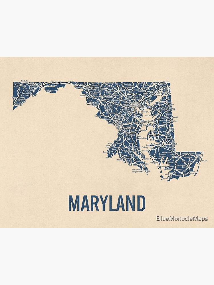 Vintage Maryland Road Map Blue On Beige Poster For Sale By Bluemonoclemaps Redbubble