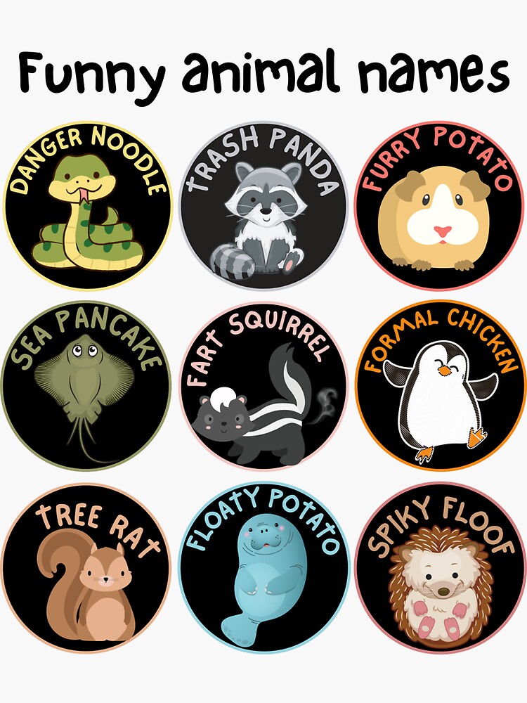 funny-animal-names-collage-sticker-for-sale-by-evergreenwhimsy