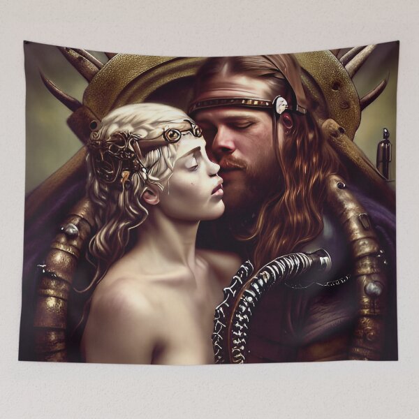 Item preview, A naked princess and a steampunk viking kissing on the throne. designed and sold by ruidaniel.
